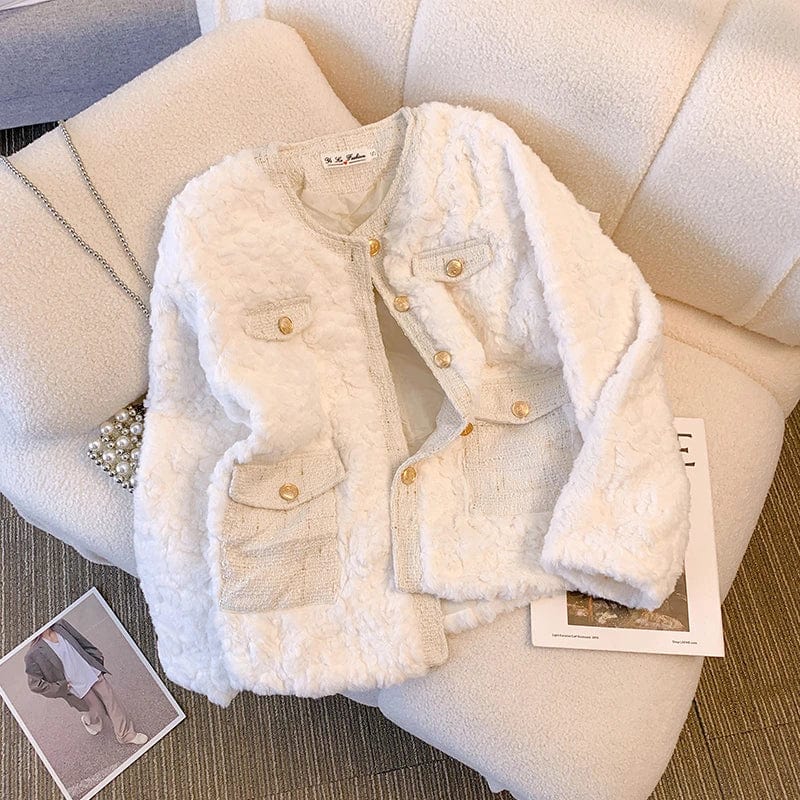 White Lamb Wool Coat Women 2023 Autumn Winter Single Breasted Pockets Jacket Korean Style Ladies Long Sleeve Basics Tops
