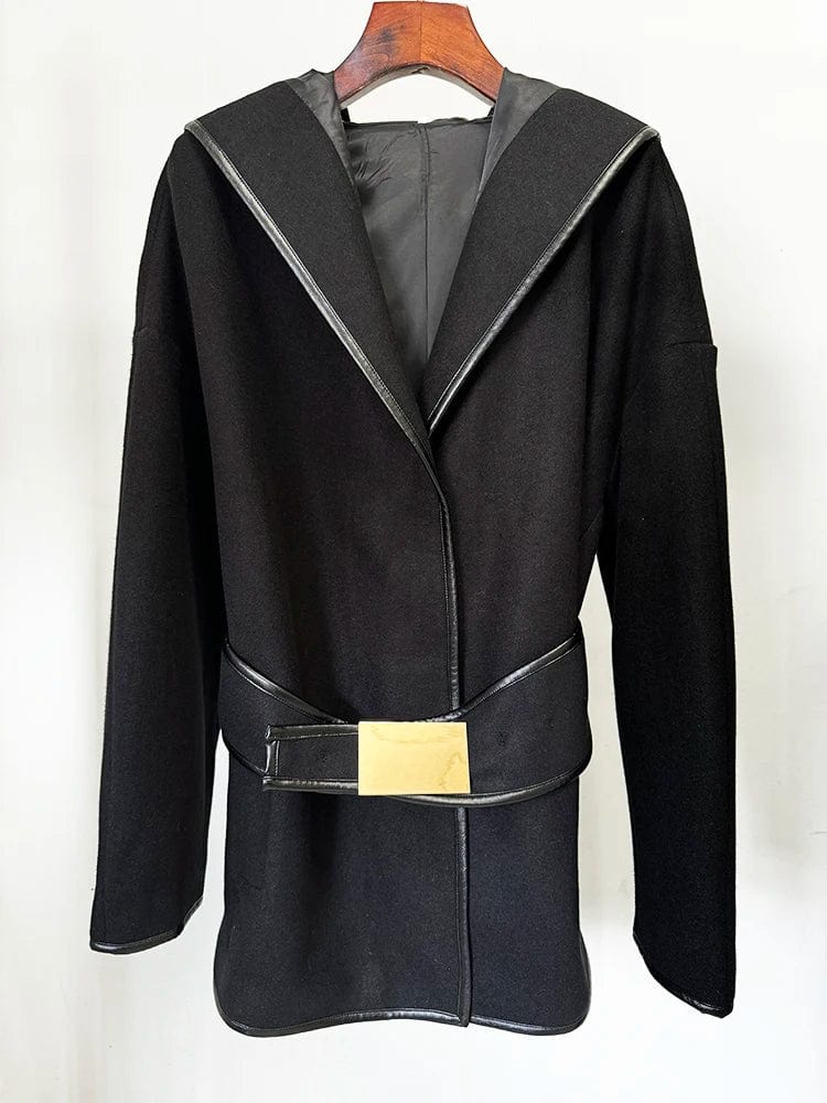 HIGH STREET Newest 2024 Designer Jacket Women's Batwing Sleeve Belted Hooded Wool Blends Coat