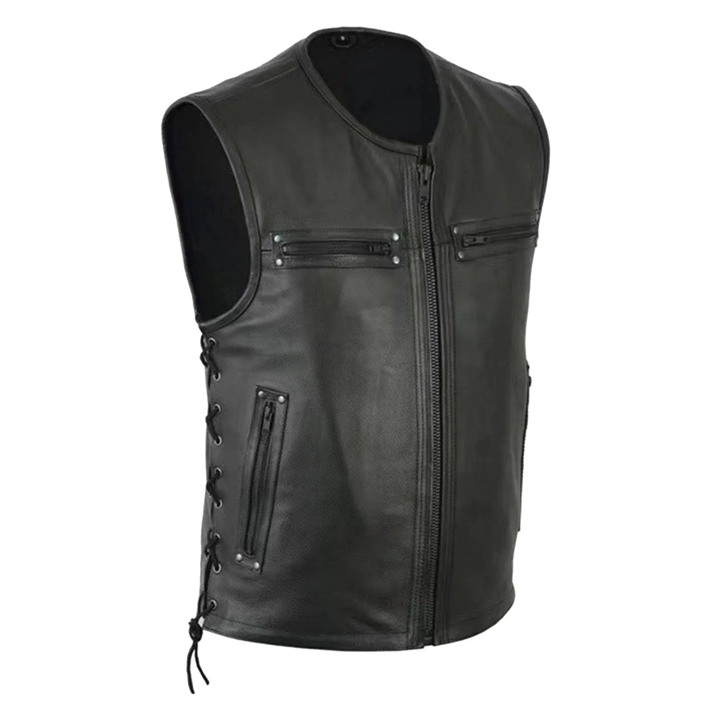Men Motorcycle Leather Vest Solid Color Large Pocket Sleeveless Biker Jackets Punk Vintage PU Leather Vest Jackets Streetwear