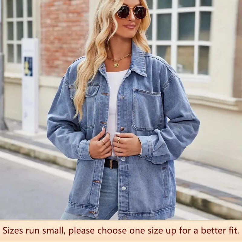 Women's Vintage Washed Denim Jacket Top Street Style Loose Fit Long Sleeve Cotton Blend Coat