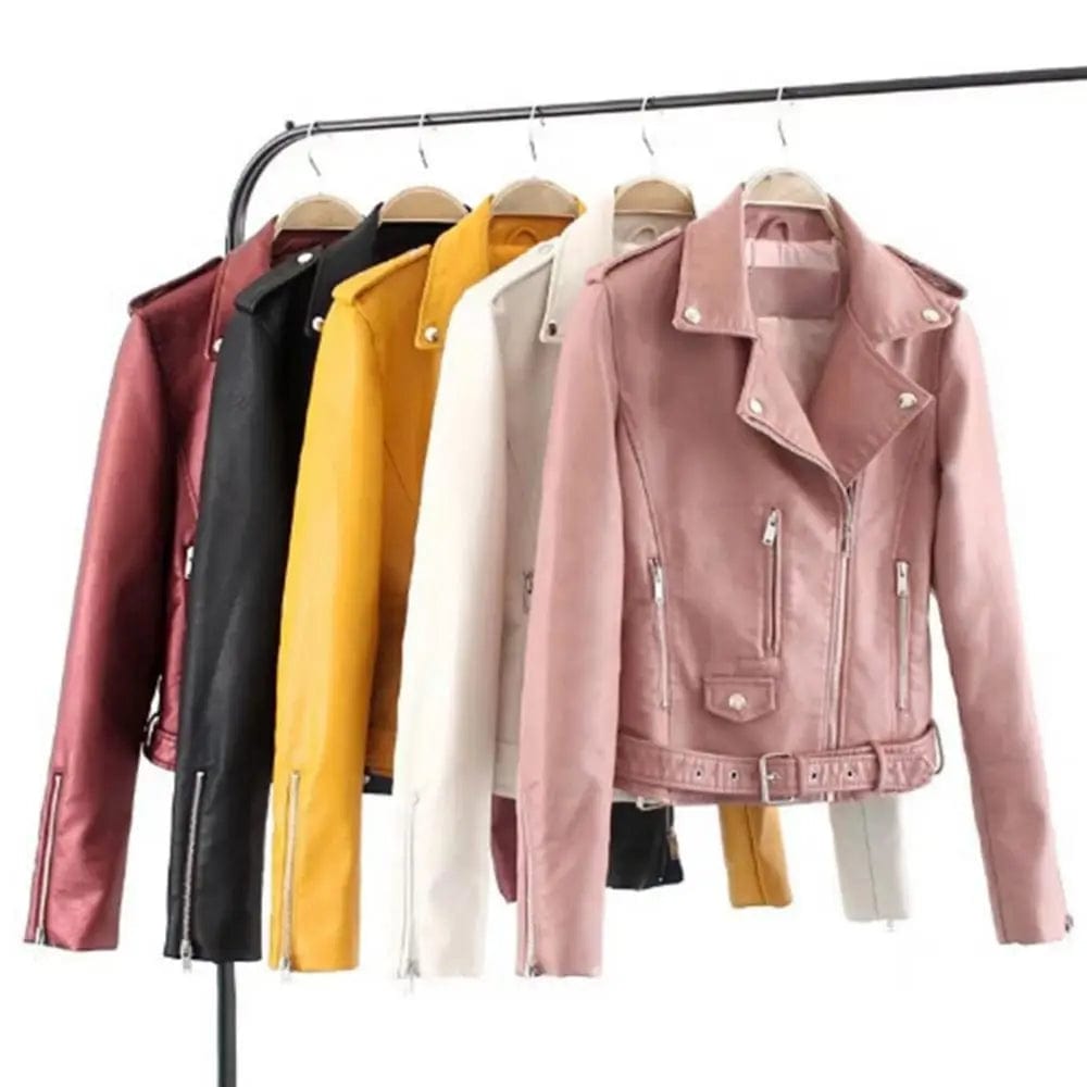 Lapel Coat Short Pocket Long Sleeve Jacket Coat Short Coat Zipper Button Jacket Lady Leather Motorcycle Coat