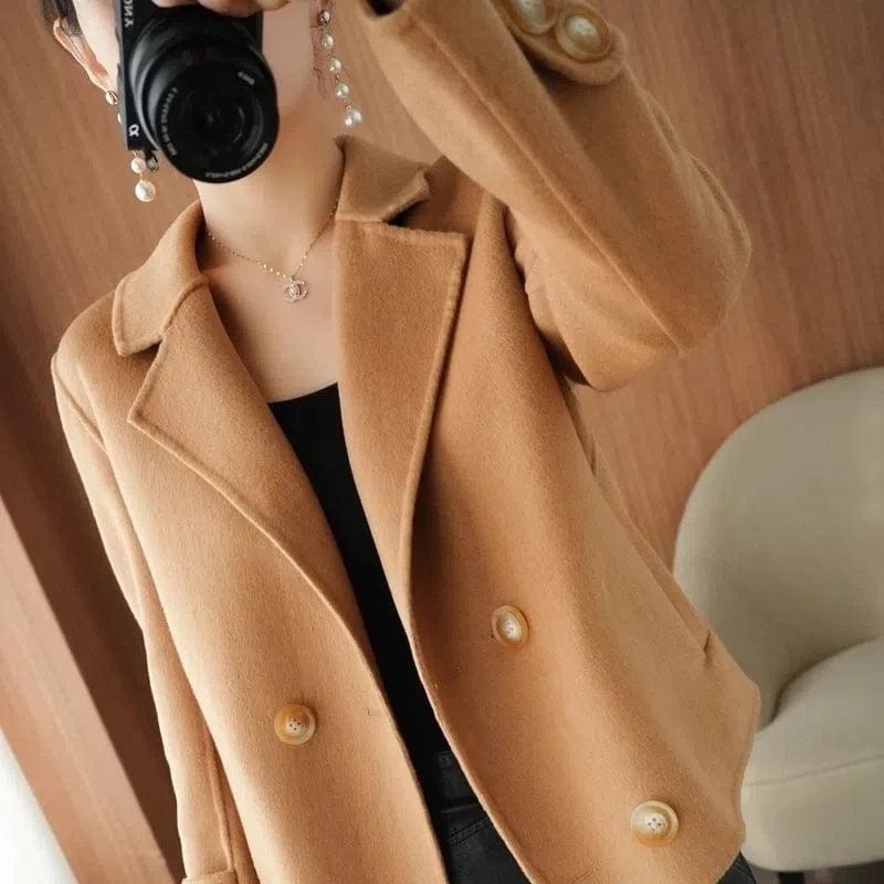 New Double-Sided Wool Coat Women's Short High-End Casual Tweed Suit Jacket Blend Wool Coat Black Double Breasted Blazer Female