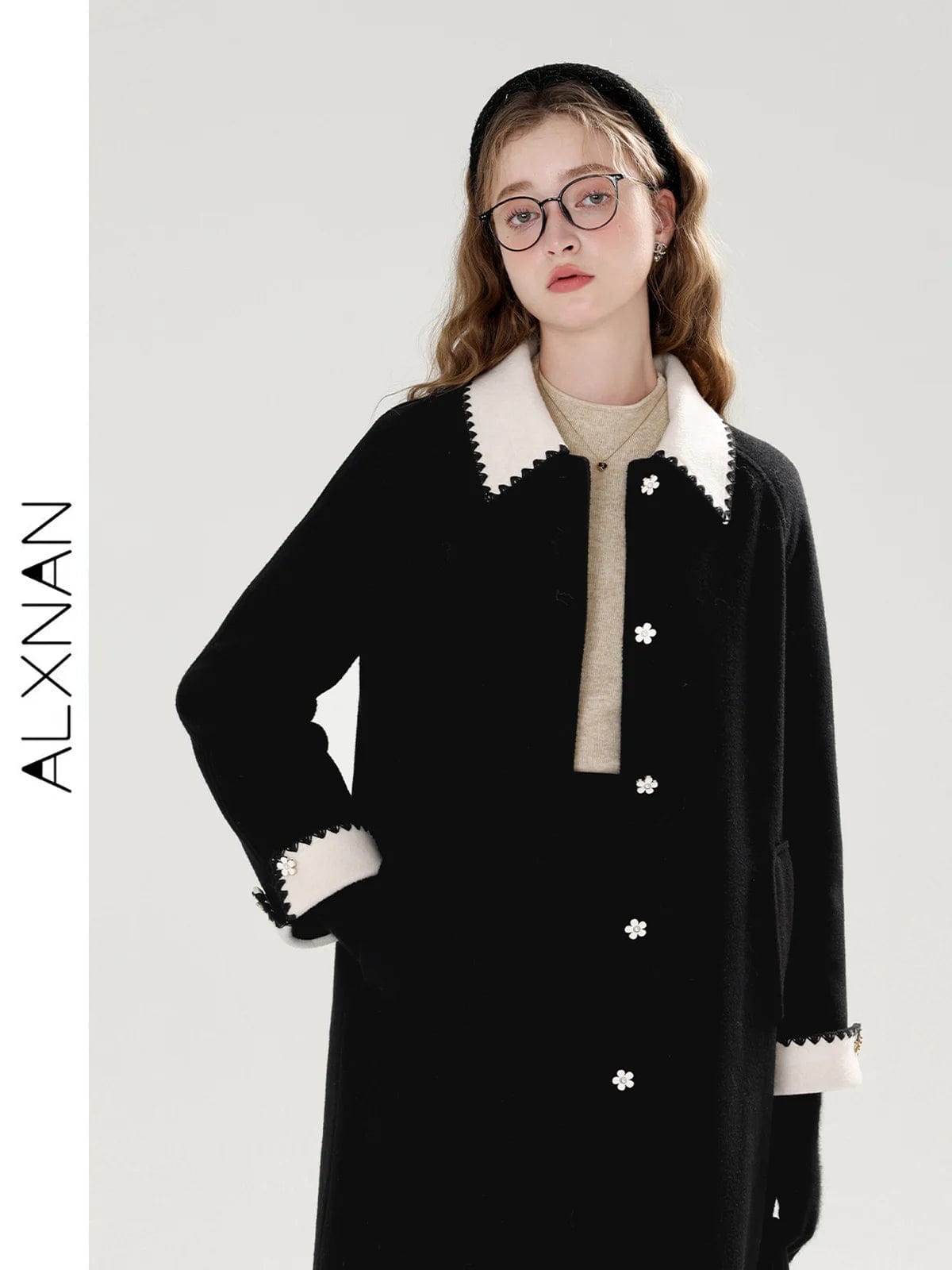 ALXNAN Temperament Loose Quilted Tweed Coat For Women 2024 Autumn Winter Casual Thick Lapel Single Breasted Parkas Coat T00905