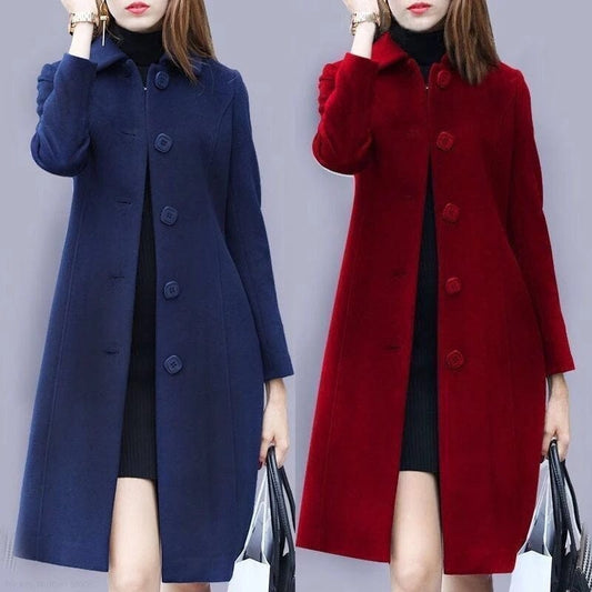 2023  Autumn Winter Women Coat Mid-Length Single-Breasted Solid Color Turn-down Collar Elegant Plus Size 4XL Casual Warm Jacket