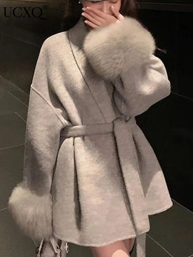 UCXQ Elegant OL Office Lady Overcoats Fur Patchwork Long Sleeve Woolen Coat Beautiful Women's Clothing Jacket Autumn 2024 Spring