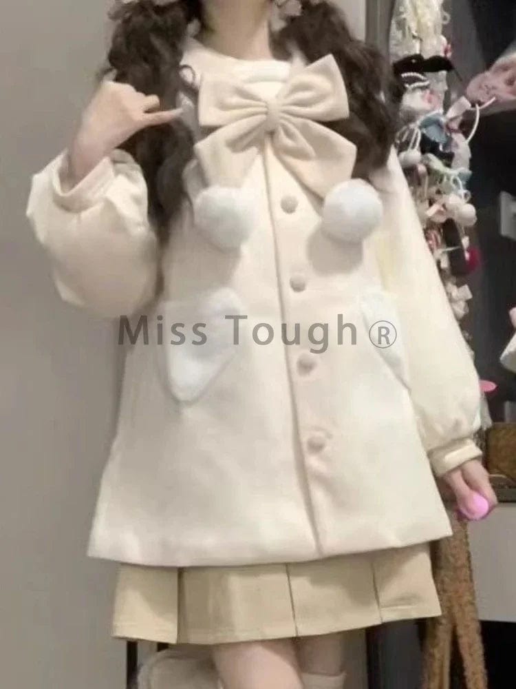 Winter Japanese Warm Bow Kawaii Coats Women Sailor Collar Sweet Loose Jacket Female Korean Fashion Casual Outwear Coat 2023 New