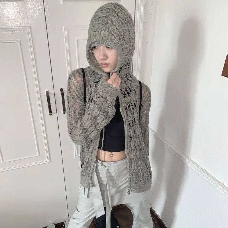 Gothic Hooded Jackets Women Streetwear Chic Hollow Out Loose Vintage Summer Sun Proof Casual All-match Knitted Coats Punk Style
