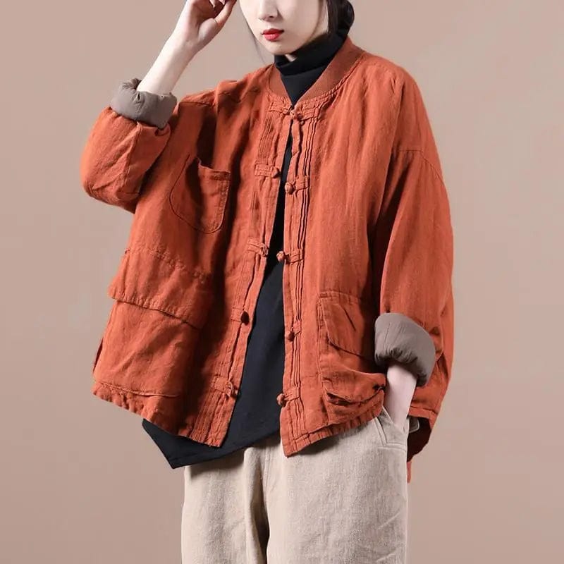 Large Size Women's Autumn Winter Quilted Jacket 2023 New Loose Retro Ethnic Style Buckle Thickened Cotton And Linen Coat T175