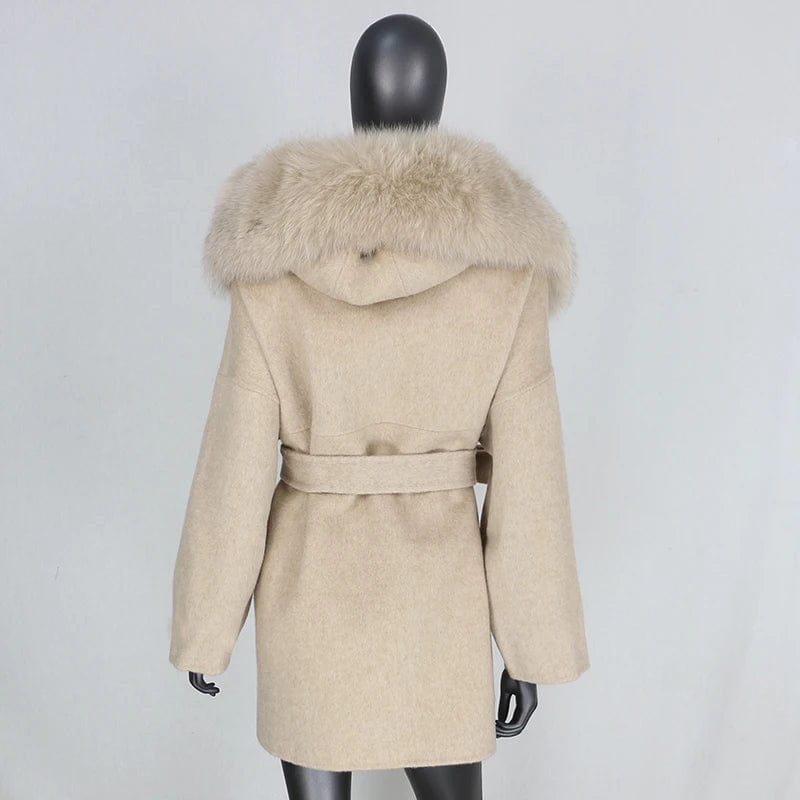 2023 New Natural Fox Fur Collar Hood Cashmere Wool Blends Real Fur Coat Winter Jacket Women Oversize Loose Warm Outerwear Belt