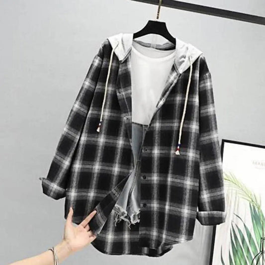 Women Hoodie Coat Plaid Print  Loose Hooded Long Sleeves Drawstring Cardigan Single-breasted Buttons Spring Jacket for Daily