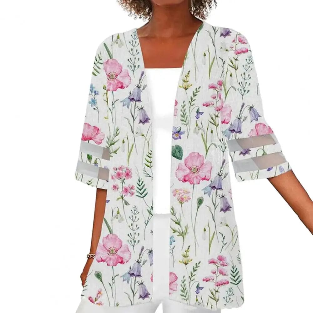Women Coat Flower Print Half Sleeves Cardigan Vintage Loose Open Stitch Cardigan Mesh Patchwork Mid Length Casual Jacket