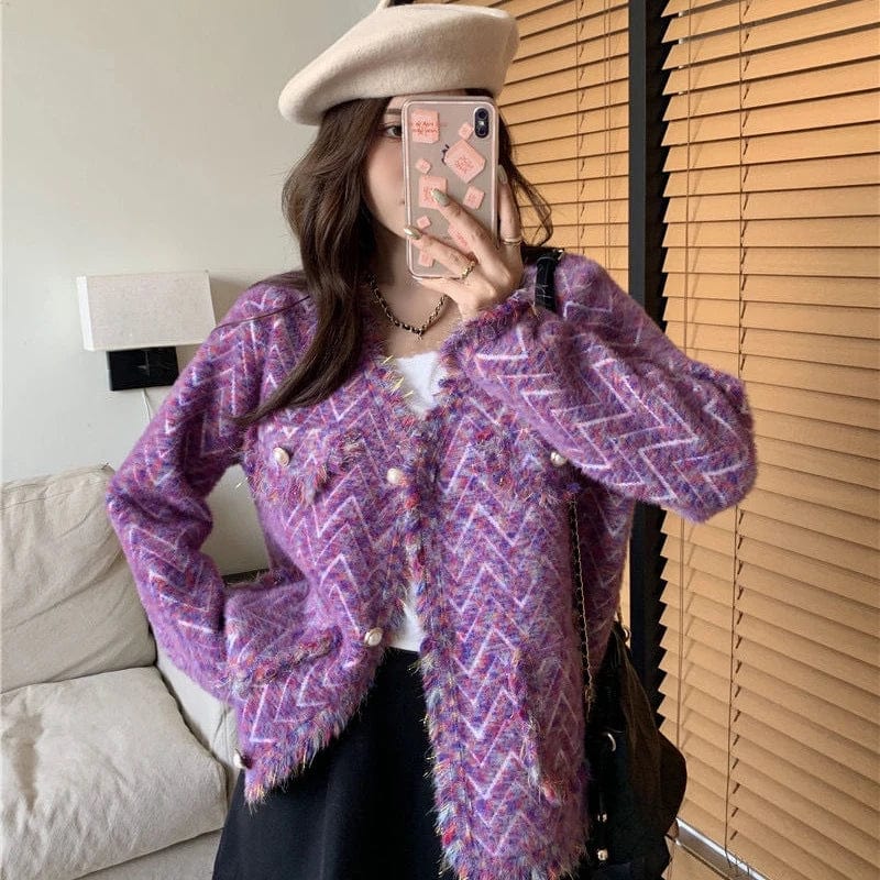 Korean Style Tweed Jacket for Women 2023 Autumn V Neck Long Sleeve Woollen Coats Woman Elegant Pearl Button Jackets Outerwear