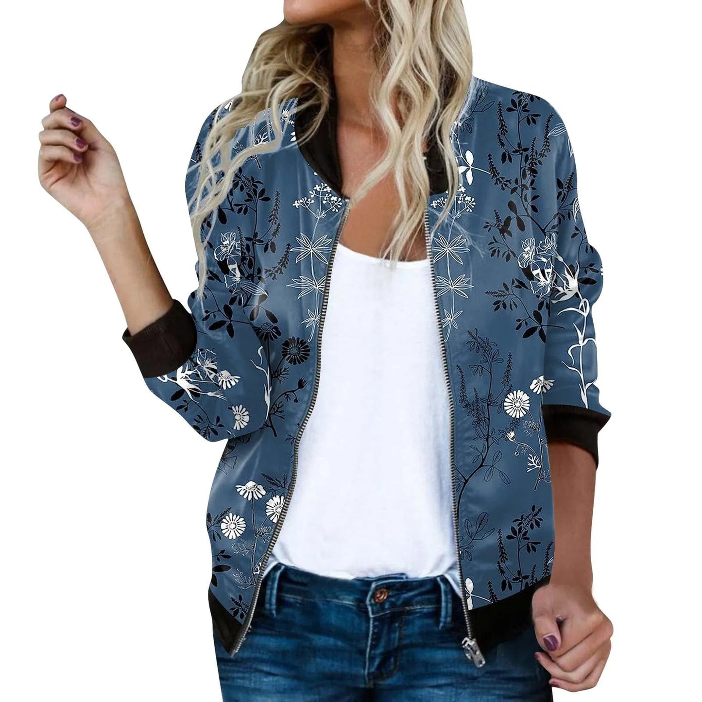 Autumn Floral Printed Zip Up Jackets Women Elegant Zipper Bomber Jacket Casual Office Wear Slim Office Short Coat Outwear куртка