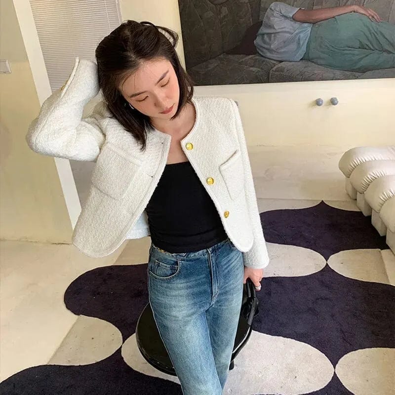 Autumn White Woven Slim Fit Short Wool Western Suit Crop Top Women Loose Slimming Short Wool Coat