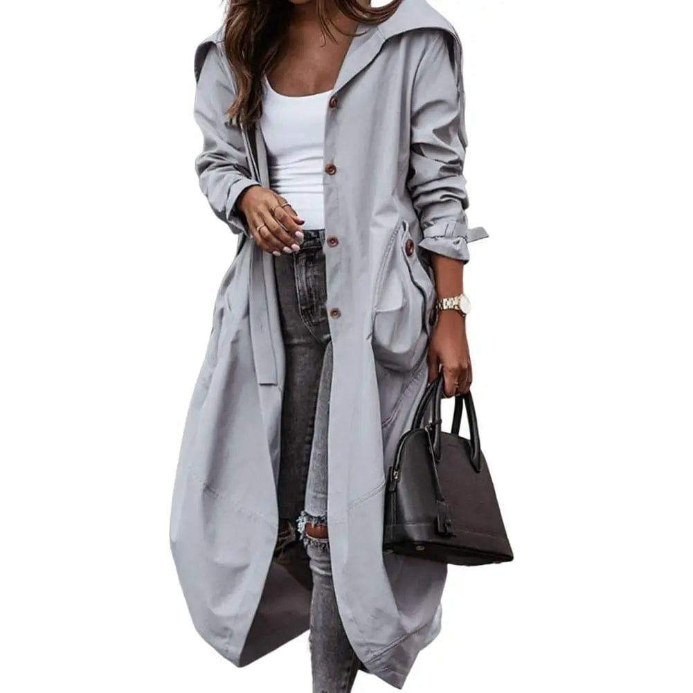 Autumn Women Overcoat Single-breasted Long Loose Trench Solid Color Buttons Cardigan Pockets Mid-calf Length Jacket