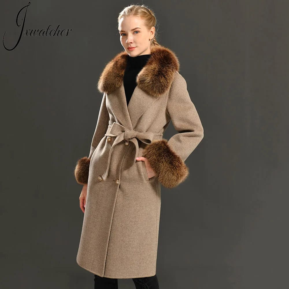 Women's Cashmere Wool Coat Spring Real Fox Fur Collar Woolen Trench Jacket Winter Adjustable Waist Slim Ladies Long Overcoat