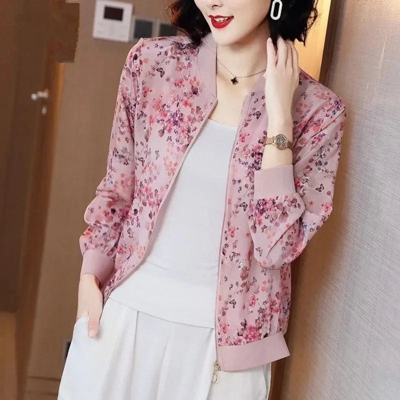 Korean Fashion Print Chiffon Jacket Pink Lightweight Bomber Outerwear Women Loose Oversize Summer Chaqueta Sun Protection Tops