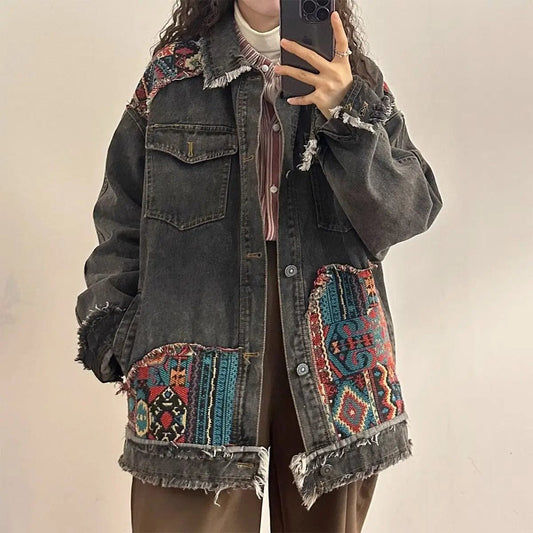 Ethnic style splicing burlap denim jacket women design sense fall long-sleeved cardigan loose thickened American retro style