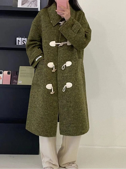 2024 Spring Autumn New High-end Mulberry Silk Double-sided Cashmere Coat for Women Korean Style Loose Horn Button Design
