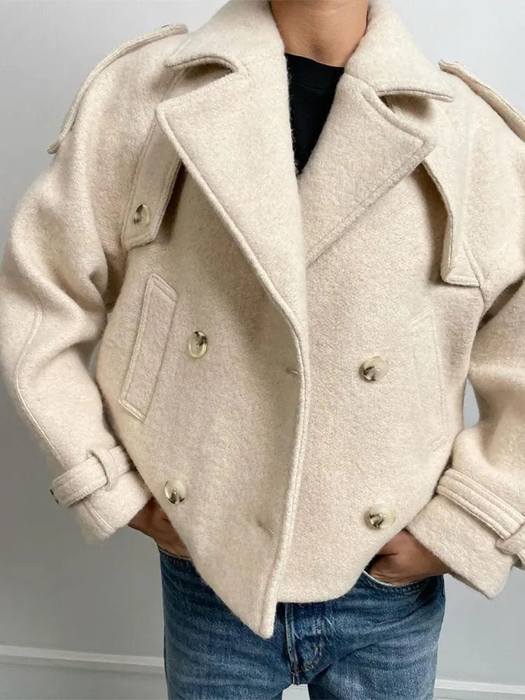 Solid Color Lapel Collar Short Jacket Women Long Sleeved Double Breasted Cropped Coat 2023 Autumn Female Street Outwears