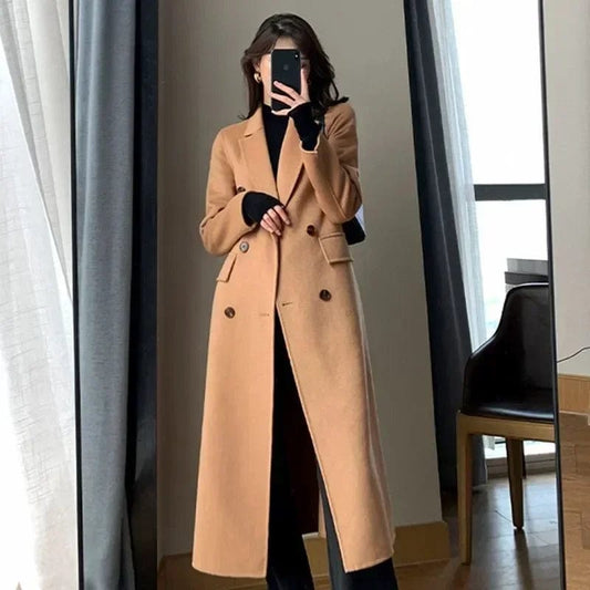 Fashion Winter Trench Coat for Women Elegant Korean Casual Double-breasted Wool Coat Long Jacket Black Office Lady Loose Outwear