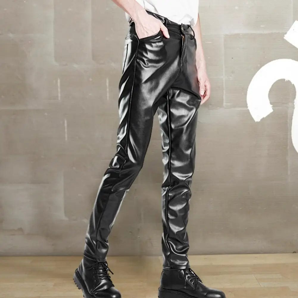 Men Faux Leather Pants Slim Fit Elastic Glossy Mid Waist Breathable Pockets Ankle Length Streetwear Hip Hop Club Pencil Pants