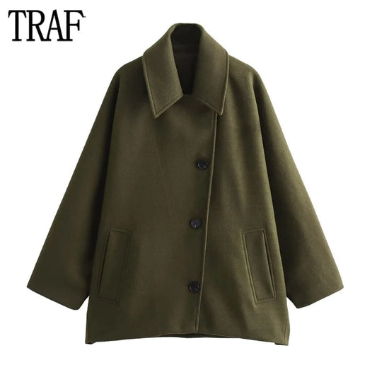 TRAF 2024 Oversized Jacket Women Faux Wool Long Coats for Women Khaki Winter Warm Outerwear Long Sleeve Button Jackets for Women