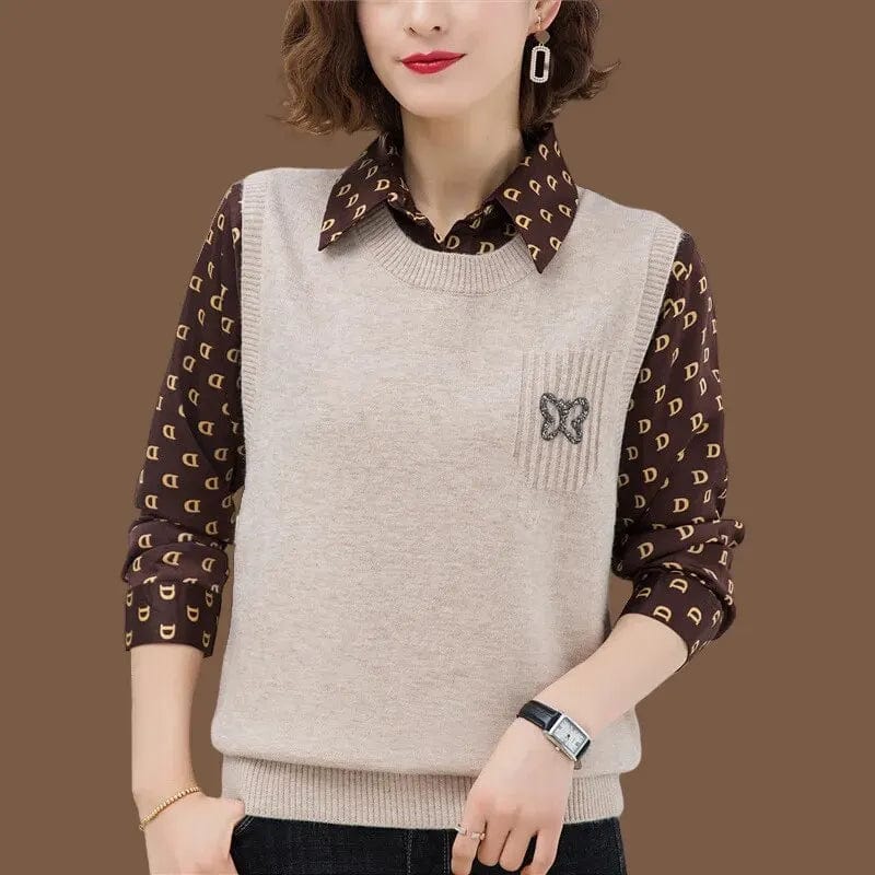 Loose V-neck Knitted Faux Two-piece Set Spring Season Lazy Style Ladies Wool Clothes Versatile Coat