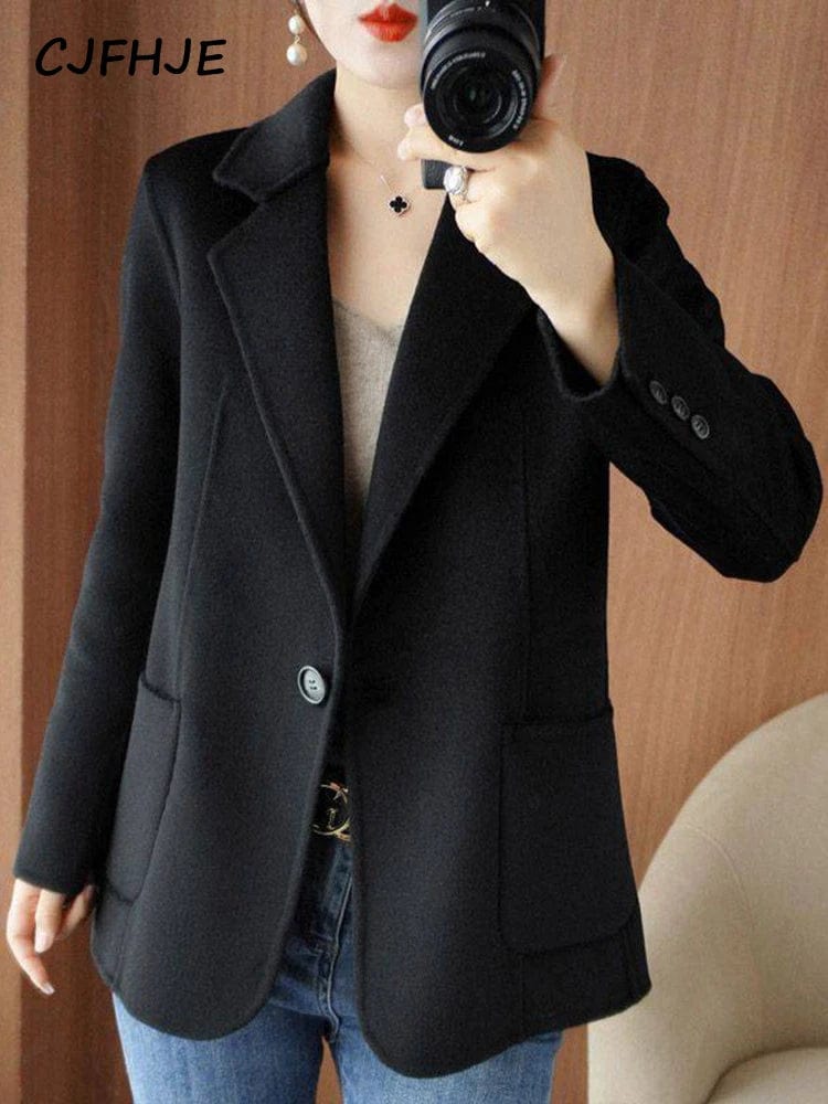 CJFHJE Solid Color Office Lady Suit Jacket Elegant Autumn Winter Casual Coats Women Fashion Black Pockets Chicly Blazers Female