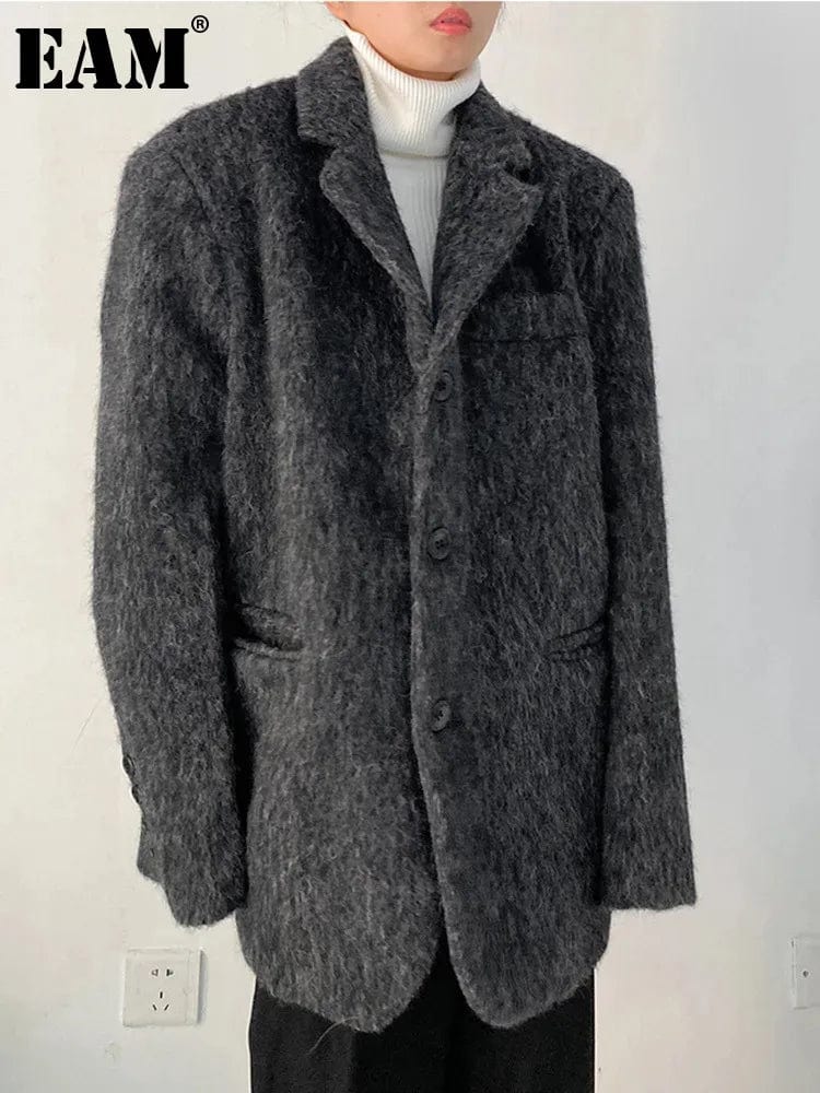 [EAM] Loose Fit Gray Big Size Casual Elegant Woolen Coat Parkas New Long Sleeve Women Fashion Tide Autumn Winter 2024 1DF3710