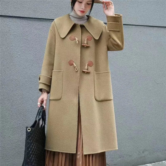Horn Button Double-sided Cashmere Coat for Women with Doll Collar Design 2024 New Style Fashionable Elegant Age-reducing Coat