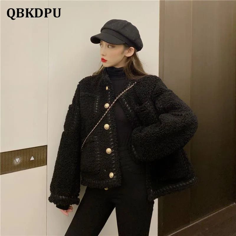 Korean Fashion Faux Lamb Wool Jackets Women Vintage Loose Streetwear Furry Short Coat Fall Winter Elegant Plush Fleece Outerwear