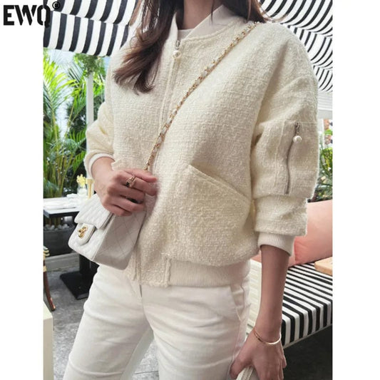 [EWQ] Pocket O-neck Zipper Tweed Woolen Jacket For Women Elegant Long Sleeve Wool Blends Jackets Coat 2023 Spring Autumn New 909