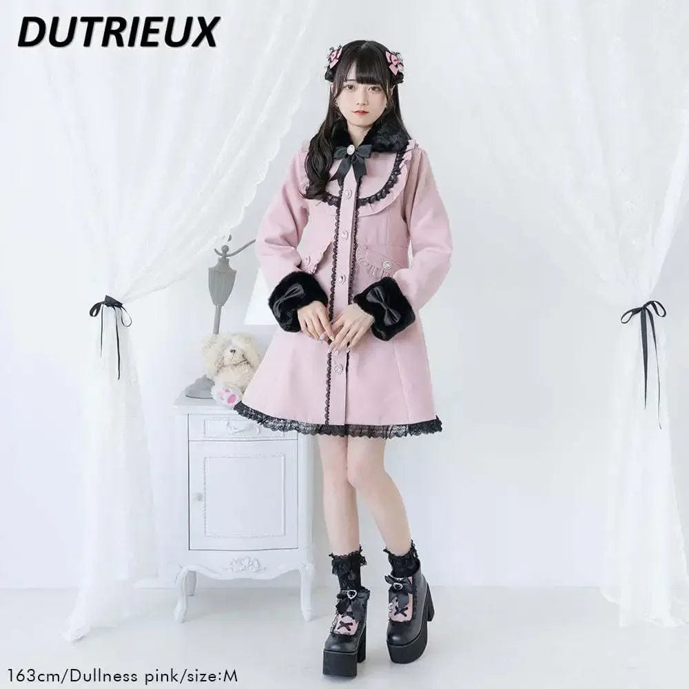 Winter New Women Coat Japanese Sweet Overcoat Bow Lace Stitching Furry Diamond Buckle Exquisite Woolen Jacket Lolita Clothes