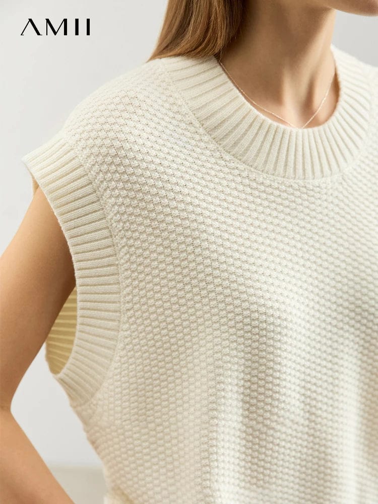 AMII Minimalist Round Neck Sleeveless Vest for Women 2023 Autumn New Loose Basics Solid Spliced Female Knitted Sweater 12343302