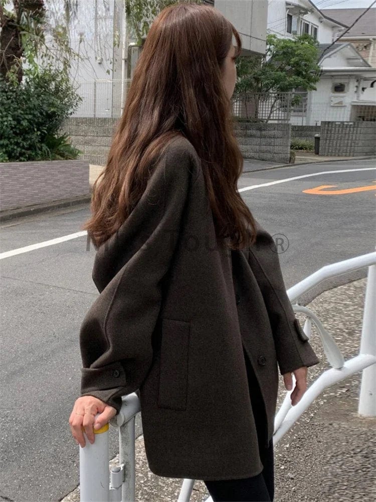 Frence Solid Elegant Vintage Wool Coat Women Patchwork Button Warm Overcoat Female Long Sleeve Pocket Casual Overcoat 2023 New