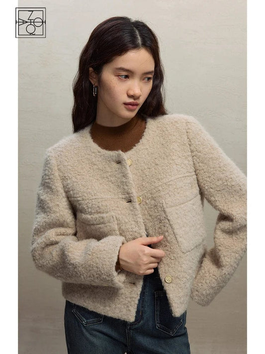 ZIQIAO Retro Merald Wind Fragrant Breeze Short Jacket for Women 2023 Winter Chic Design Loose Blend Lamb Wool Top Coat Female