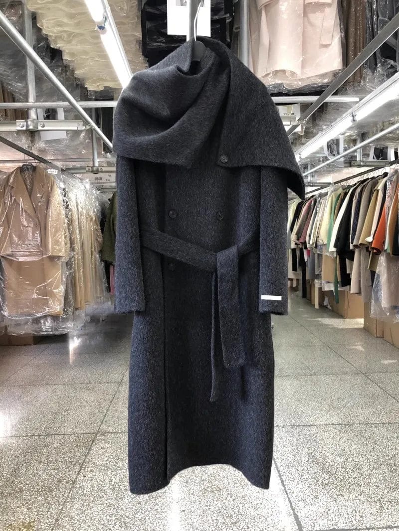 Elegant Big Scarf Collar Double Breasted Wool Coat Women Loose Korean Fashion Cashmere Winter Jacket