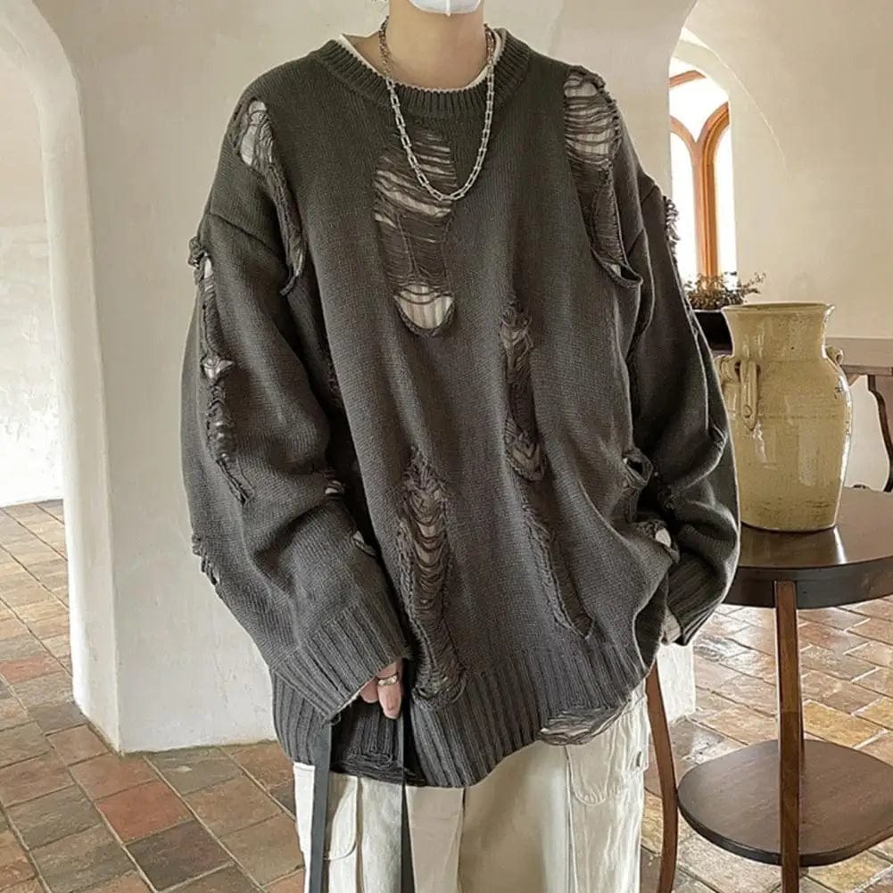 Solid Color Sweater Ripped Hole Sweater Hop Inspired Men's Sweater with Ripped Design Solid Color Knitted Hollow Out Pattern