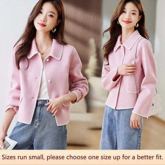 Short Double-sided Wool Coat Versatile Sponge Wool Pink Embroidered Clothes Women Medium Thickness Regular Sleeve