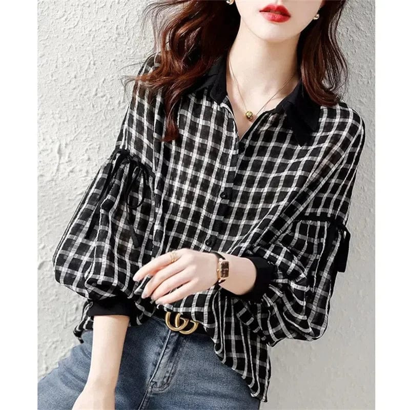 2024 Autumn New Fashion Lapel Printed Drawstring Lantern Sleeve Plaid Shirt Women's Clothing Loose Casual Tops Blouse D06