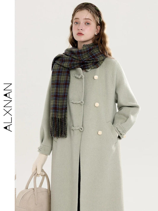 ALXNAN Autumn Winter Elegant Woolen Green Midi Tweed Coat For Women Fashion Warm Loose Single-breasted Lapel Female Coat T00919