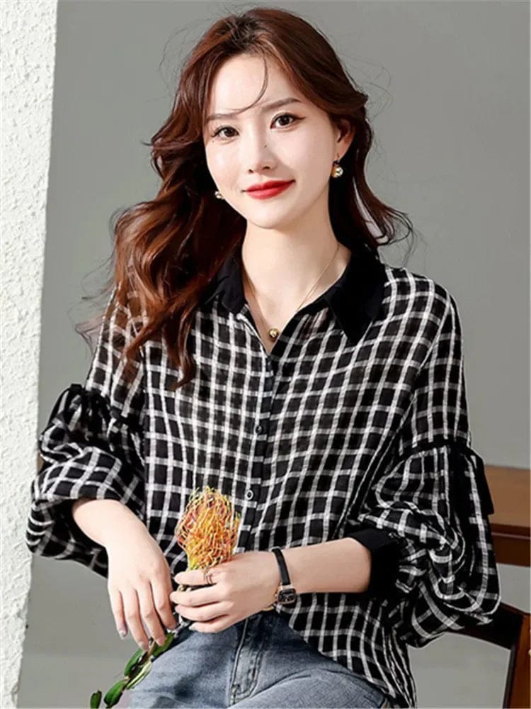 2024 Autumn New Fashion Lapel Printed Drawstring Lantern Sleeve Plaid Shirt Women's Clothing Loose Casual Tops Blouse D06