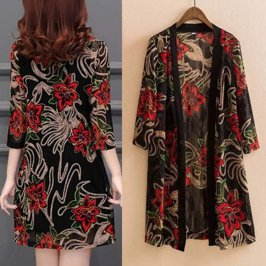 2023 Summer Women's  Lace Cardigan Printed Mid-length Shawl Thin Middle-aged Women Air-conditioned Shirt Jacket Y256