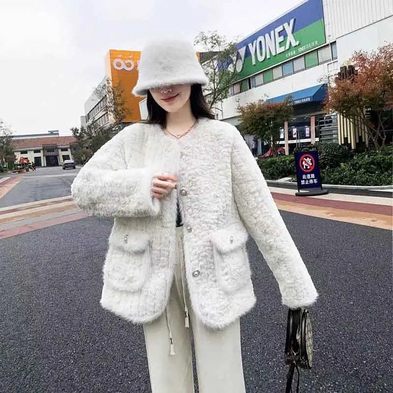 Fall Elegant Lamb Wool Coat Korean Fashion Streetwear O Neck Single Breasted Plush Jacket Winter Warm White All Match Outerwear