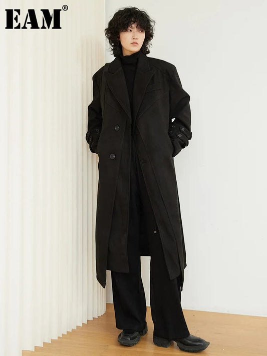 EAM Loose Fit Casual Big Size Black Woolen Coat Parkas New Lapel Long Sleeve Women Fashion Tide Autumn Winter 2024 1DF4183