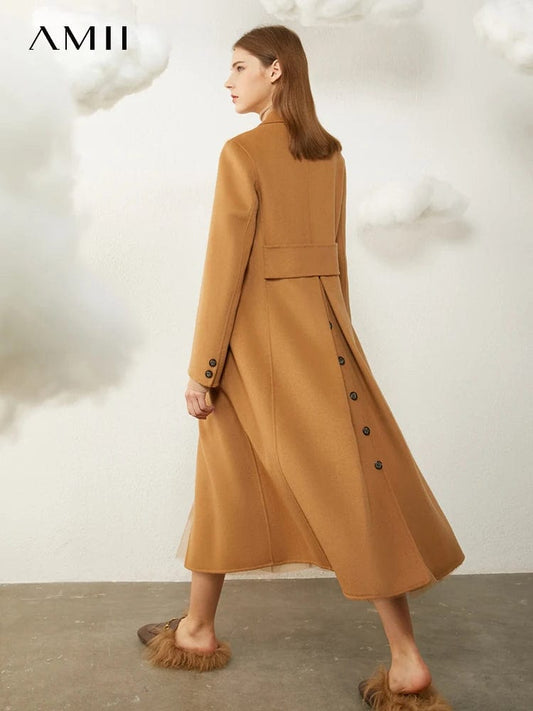 AMII Minimalism 100% Wool Coat Women 2022 Winter New Warm Vintage French Style Elegant Solid Turn-down Collar Long Coat 12230363