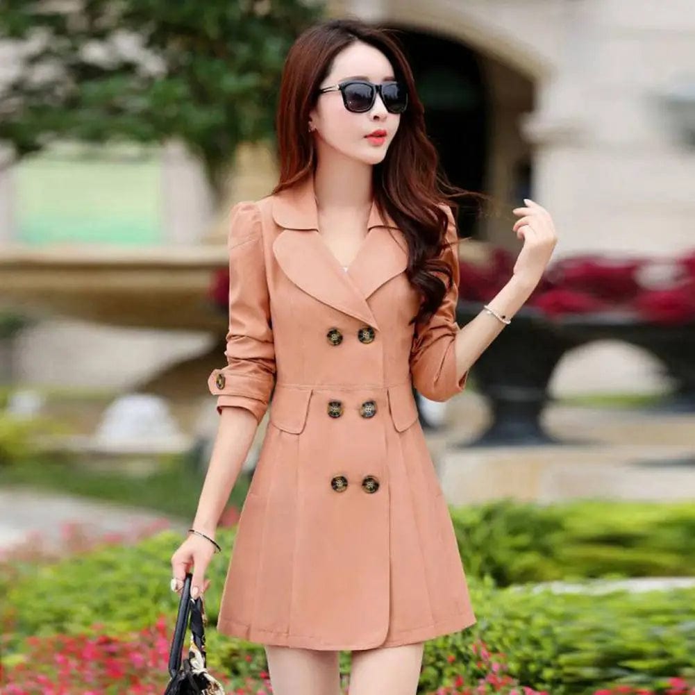 Fall Winter Women Jacket Double-breasted Lapel Mid Length Women Coat A-line Tight Waist OL Commute Style Lady Jacket Trench Coat
