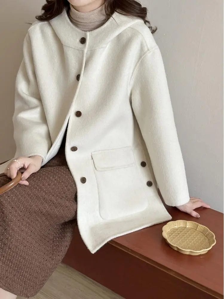 Korean-Style Hooded Double-Sided Short Woolen Jackets Women 2024 Spring Elegant Single Breasted Loose Wool Coats