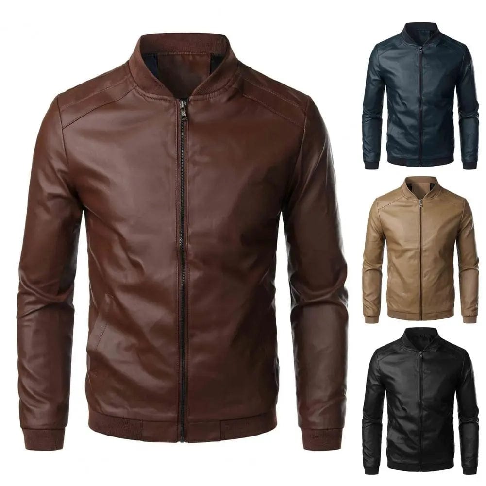 2023 Men Jacket Smooth Faux Leather Spring Jacket Solid Color Elastic Cuff Men Coat Slim Stand Collar Cardigan Jacket Daily Wear
